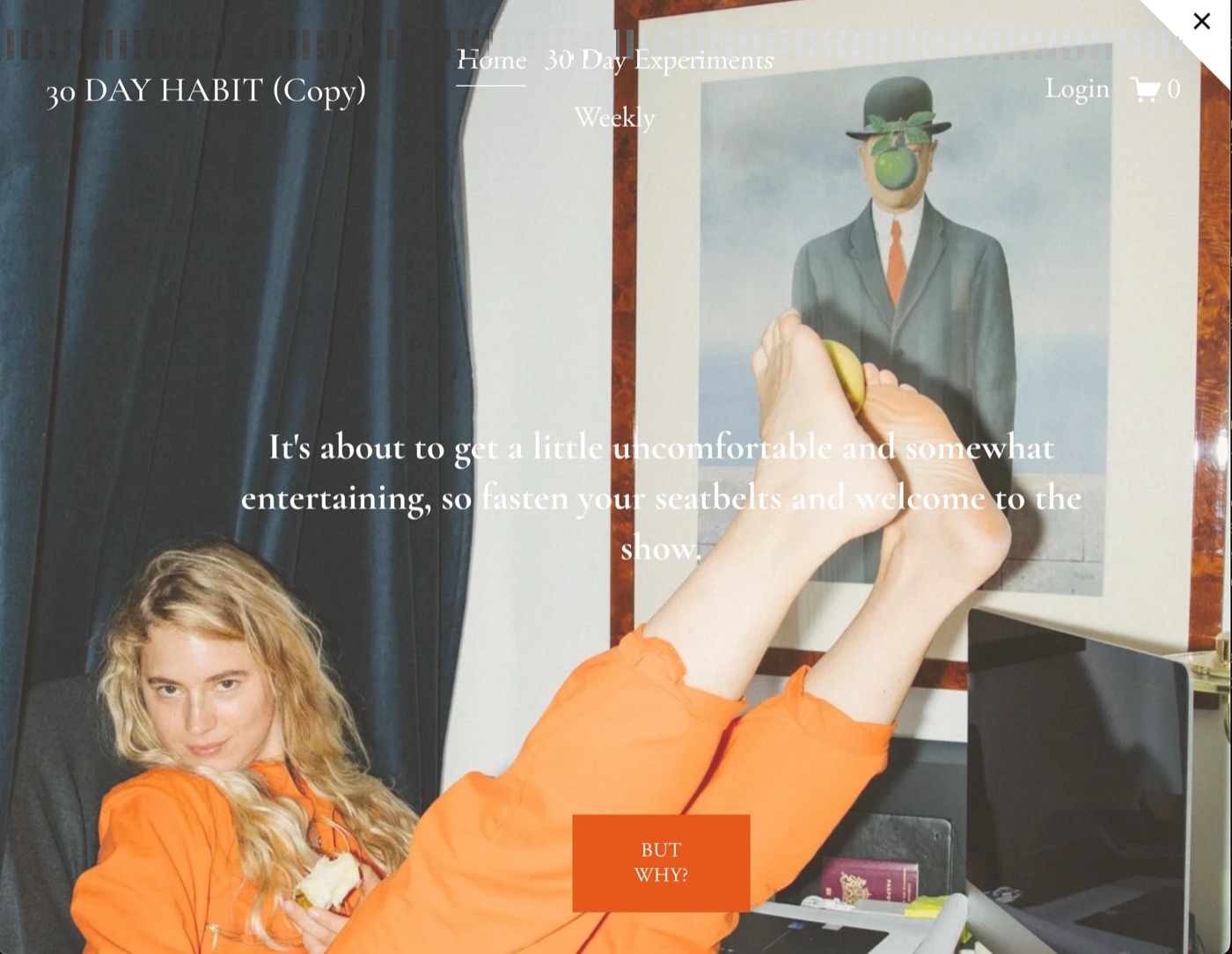 De oude Squarespace-site uit 2023 met het logo 30 DAY HABIT (Copy), een login en een winkelwagen