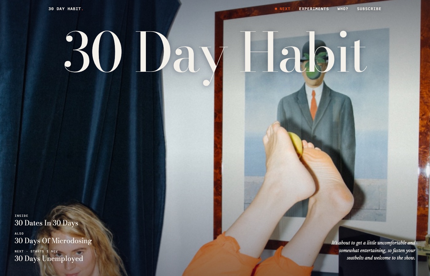 Homepage van 30 Day Habit: een tijdschriftcover met de titel over een paginabrede foto