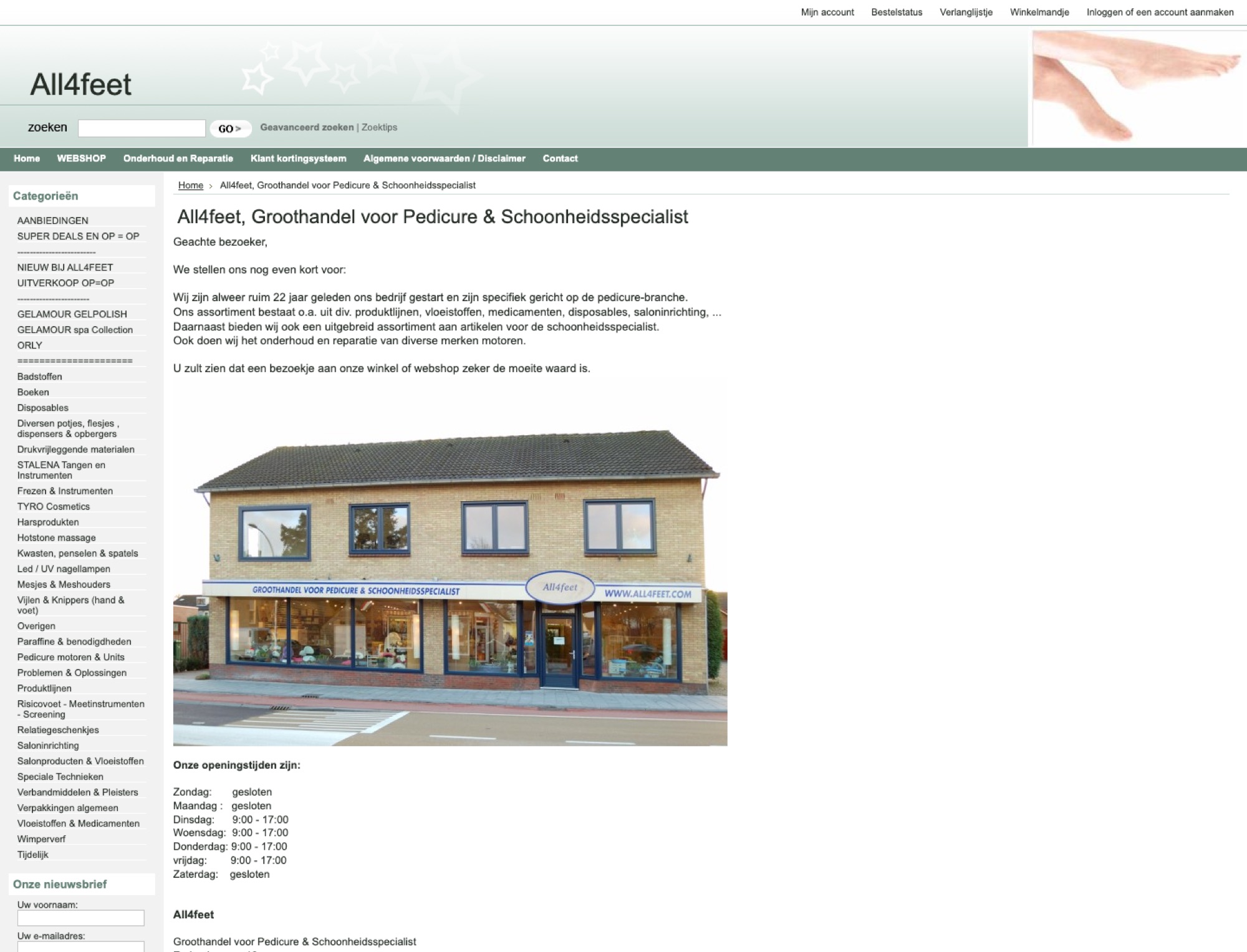 The current All4feet homepage with a welcome letter and a long menu