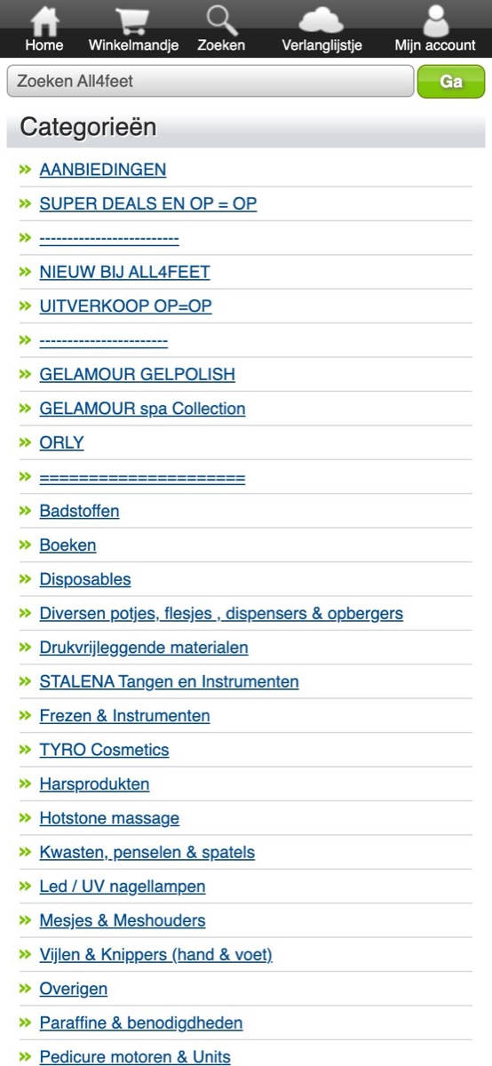 The current mobile homepage, a long list of links