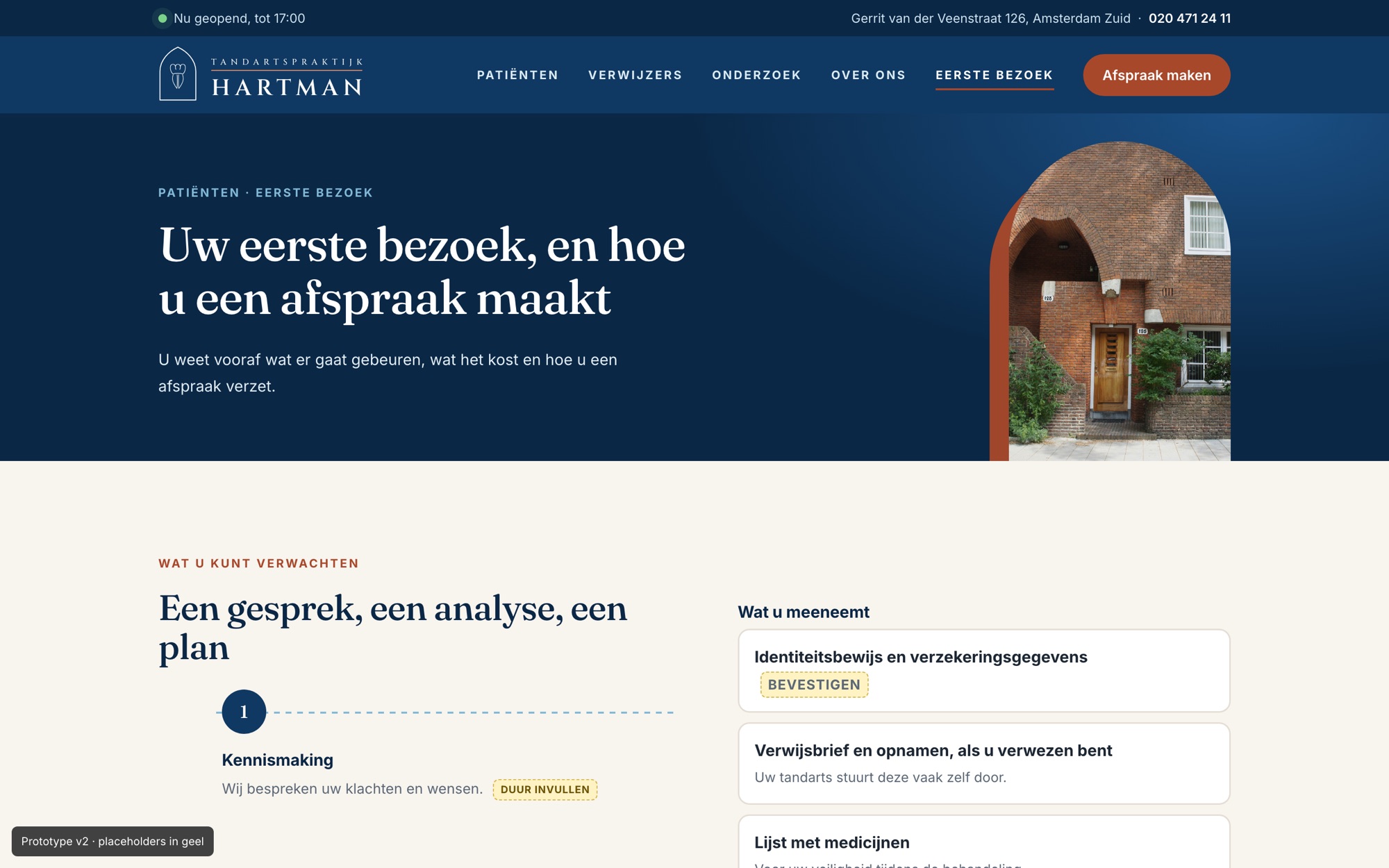 The first visit page with booking steps and costs