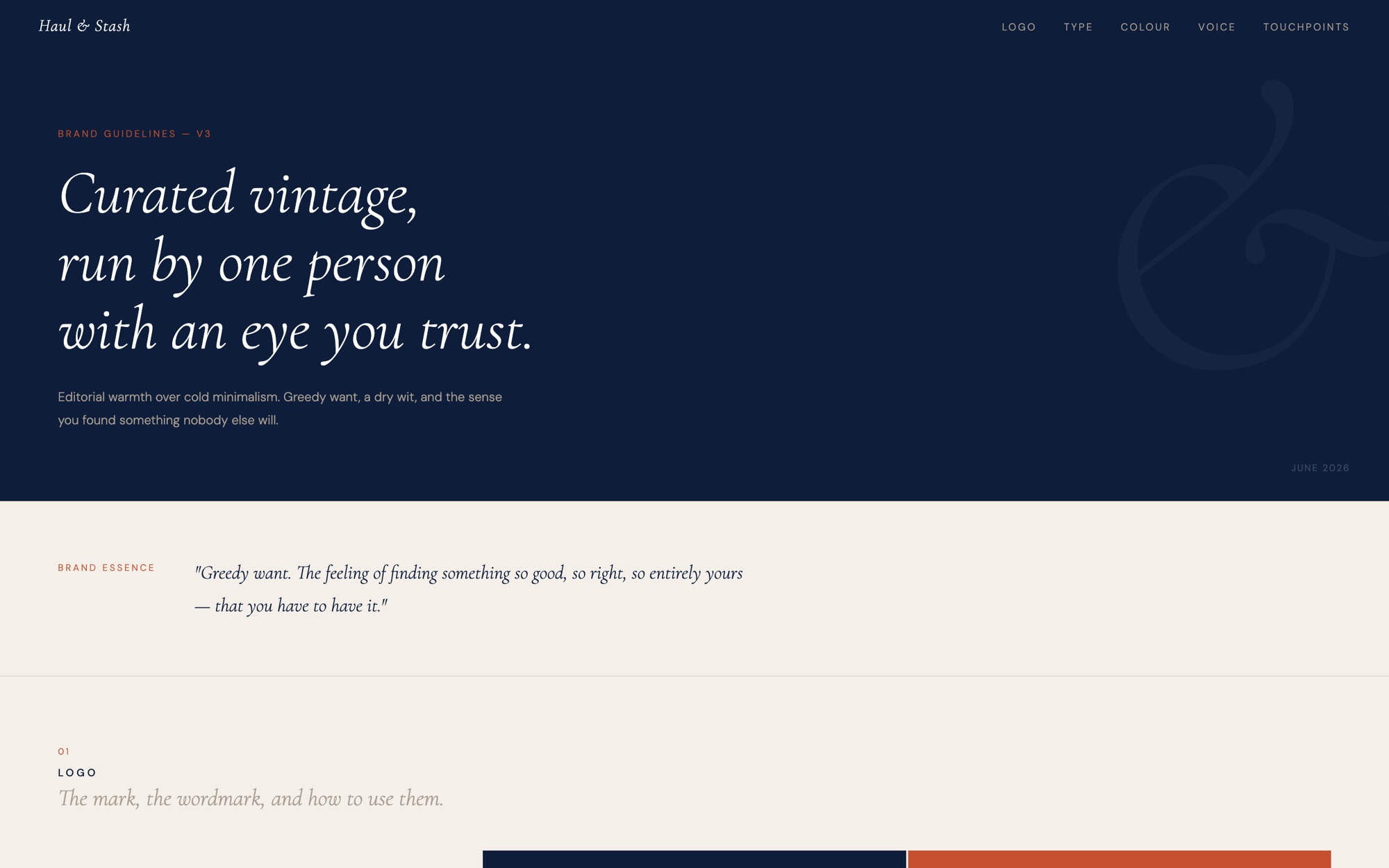 Brand guidelines van Haul & Stash met de kop Curated vintage, run by one person with an eye you trust
