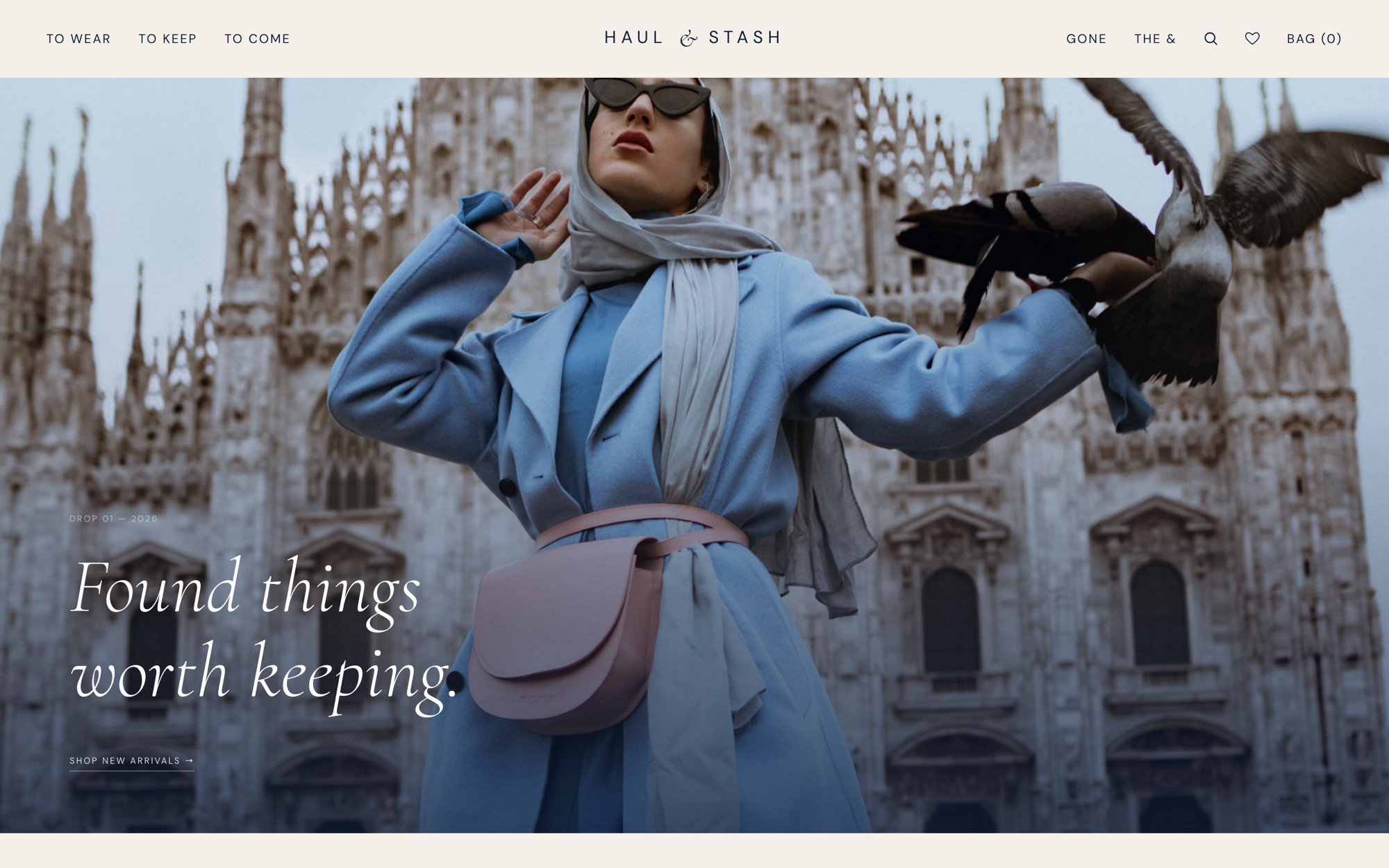 Homepage van Haul & Stash met een paginabrede foto en de tekst Found things worth keeping